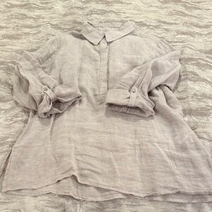 Jones New York Light Gray Linen Blend Collared Women's Top